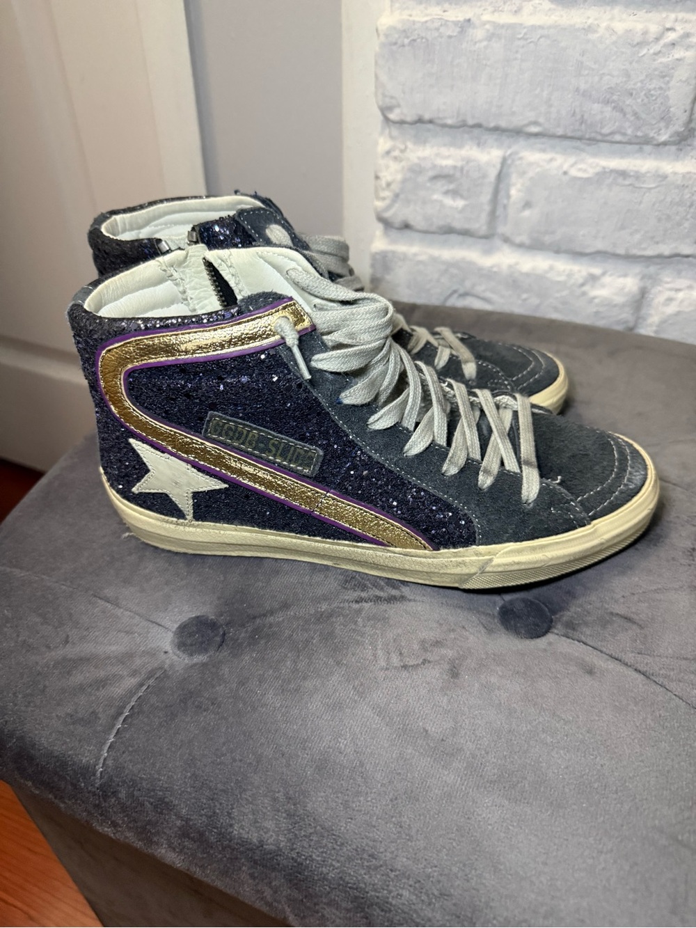 Women's High-Top Glitter Star Sneakers - navy